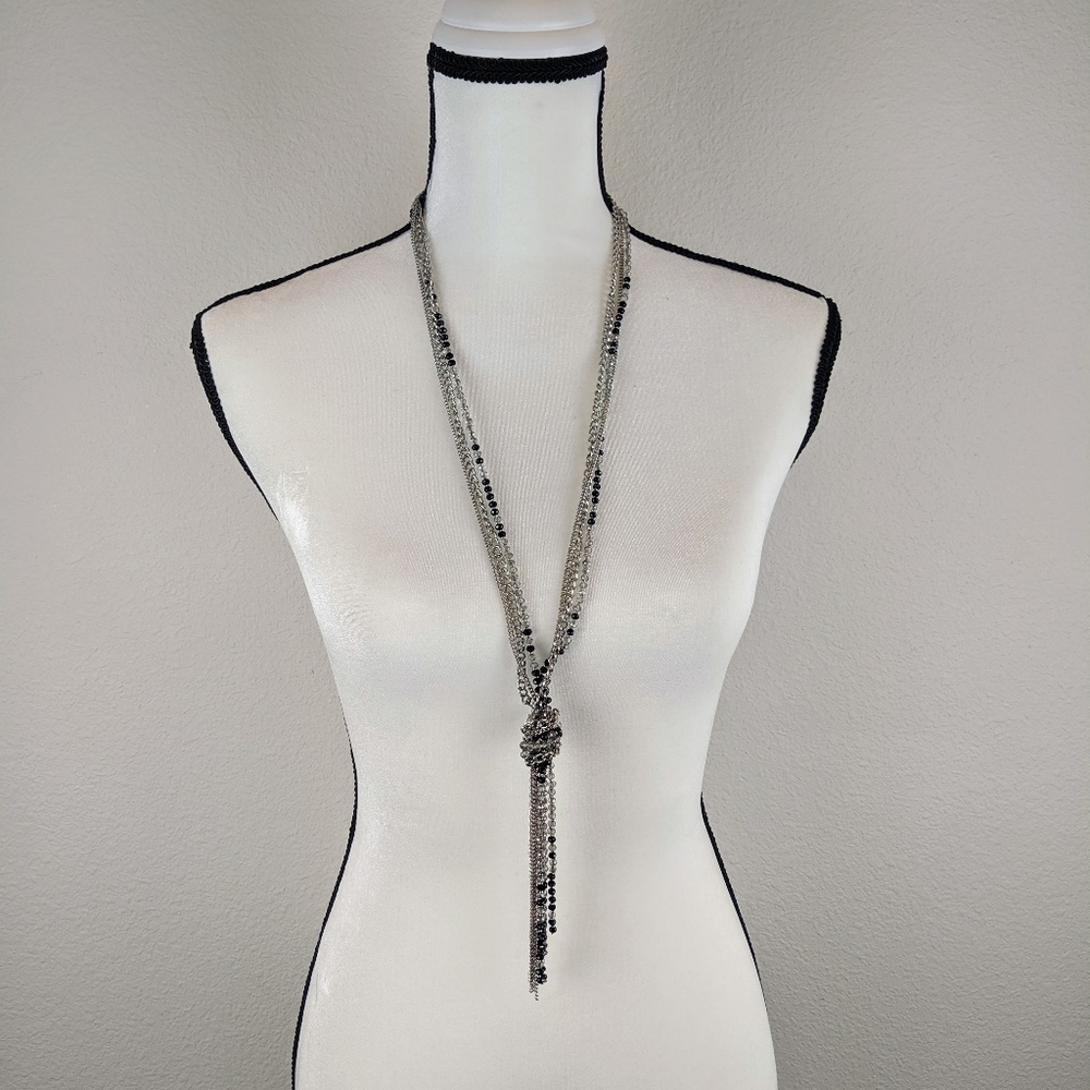 Silver & Black Beaded Long Necklace